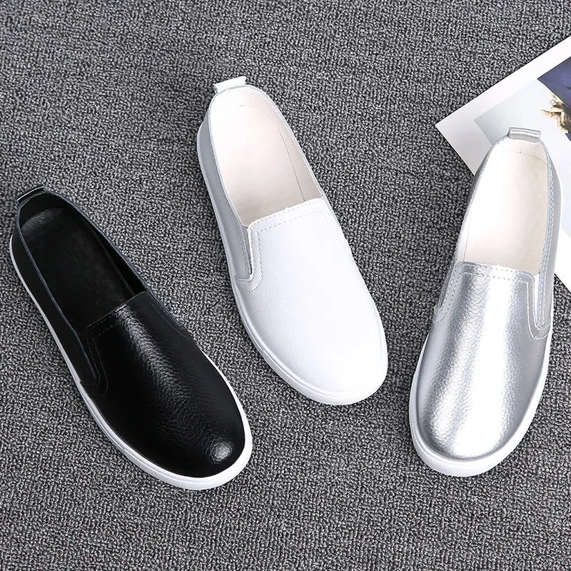 Spring Summer Silver Flats Hollow Out Women's White Loafer Split Leather Boat Shoes Comfy Ladies Best Flats For Standing All Day