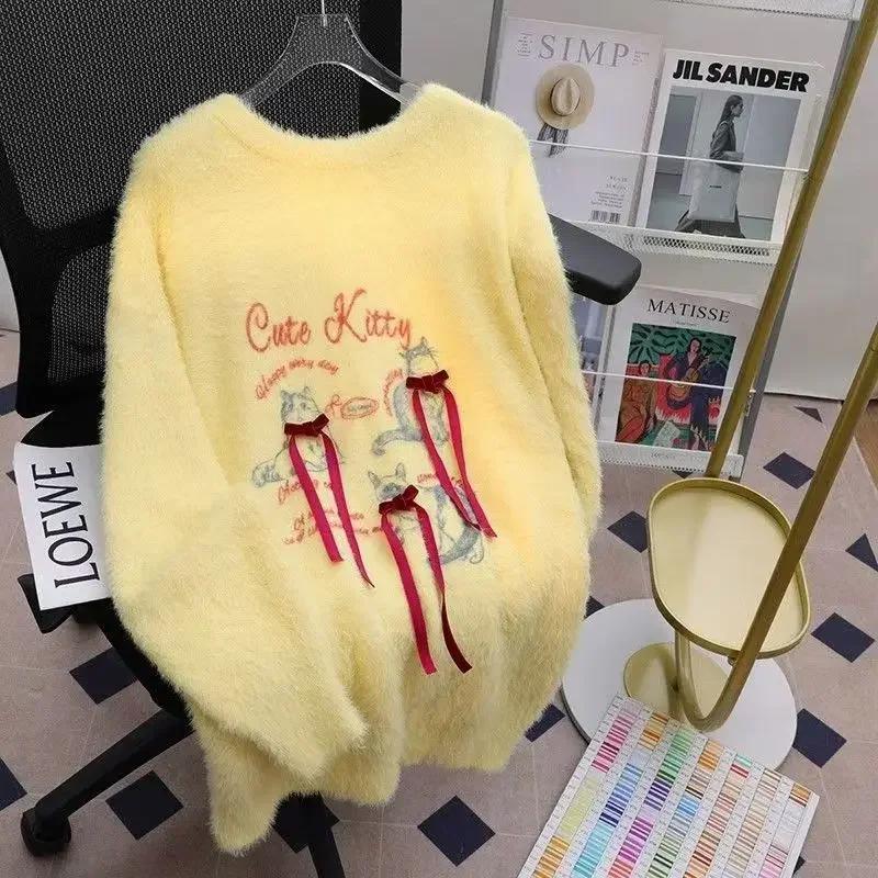 Bow Cat Milk Cracker Printed Cute Jumper Knitted Sweater Women Long Sleeve Pullover Long Sleeve Yellow Jackets Female Korean Top