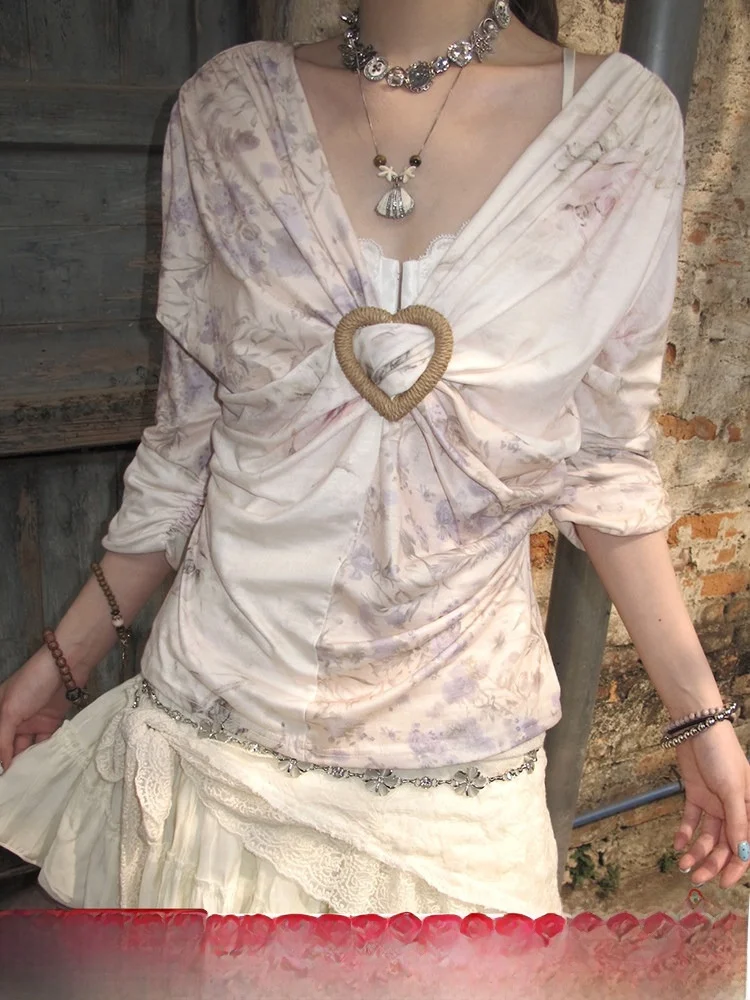 

Floral Print Women's T-irt Light Asian Sle Unique Good Looking Vintage Bubble Pine Oil Casual Summer Long Sve V-Ne