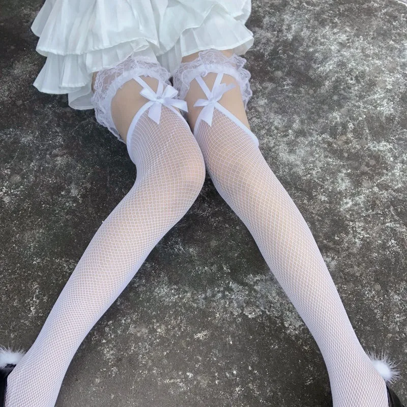 

Sweet Bowknot Floral Lace Fishnet Tights Y2K Elastic Mesh Stockings for Sexy Women Cosplay Japanese Leggings Lolita Pantyhose