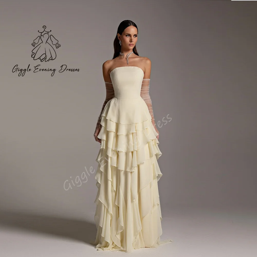 

Giggle Customized Chiffon Straight Strapless Fashion Tiered Ruched elegant Sleeve Formal Saudi evening gala dress for women 2025