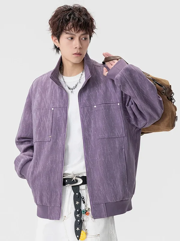 

Мужская куртка в американском стиле с окрашенными вставками и заклепками, с воротником-стойкой, больших размеров, свободного кроя, повседневная верхняя одежда, модная, на молнии, с длинными рукавами