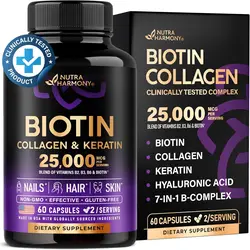 Biotin | Collagen | Keratin - Clinically Tested Supplement - Hair Growth Support - Skin & Nails Complex 25000 mcg - Hyaluronic