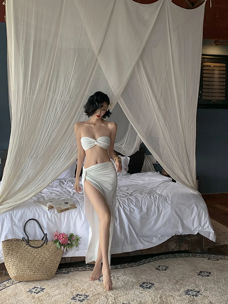 

Комплект из двух предметов Island Store Vaion: сексуальный белый топ без бретелек и юбка с разрезом, модный женский ансамбль