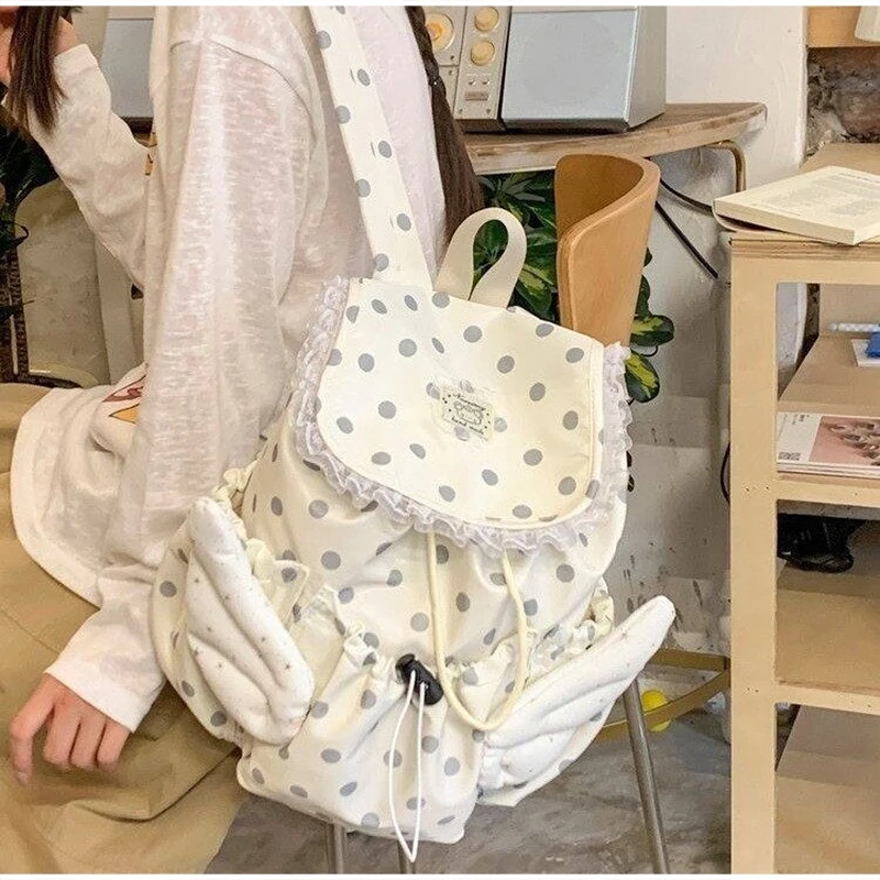 Angel Wings Polka Dot Studenten-Rucksack mit Kordelzug, koreanische süße süße Schultasche aus Nylon, leichte, lässige, geräumige Reisetasche – Detail 15