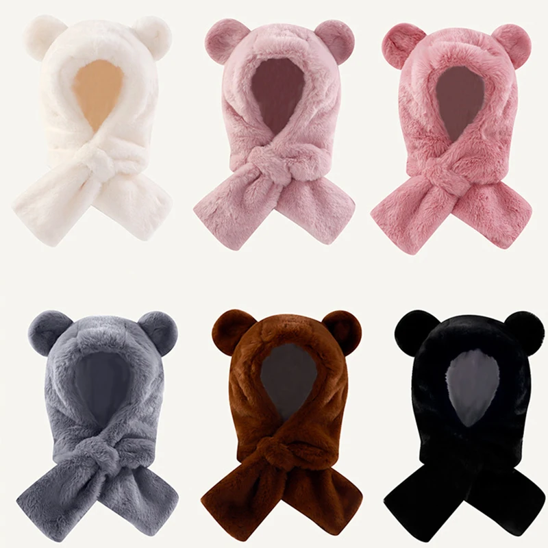 

Kids Hat Scarf All-in-One Cute Bear Ears Plush Warm Fleece Kids Beanie with Scarf Baby Boys Girls Autumn Winter Accessories