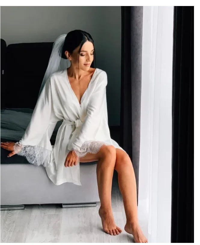 Bride Robe with Lace Sleeves White Boudoir Robe Long Silk Robes with Lace Sleeves Bridesmaid Robe Lace Gown Women Dressing