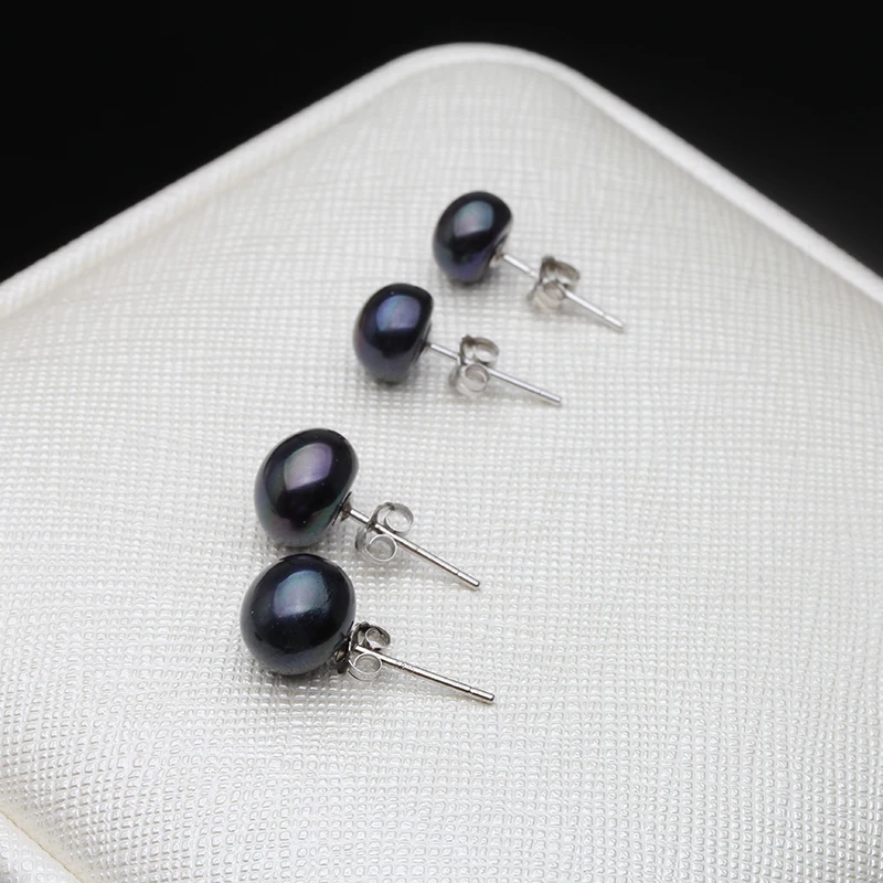 Real 925 Sterling Silver Pearl Stud Earrings For Women Black Natural Freshwater Pearl Jewelry New Fashion