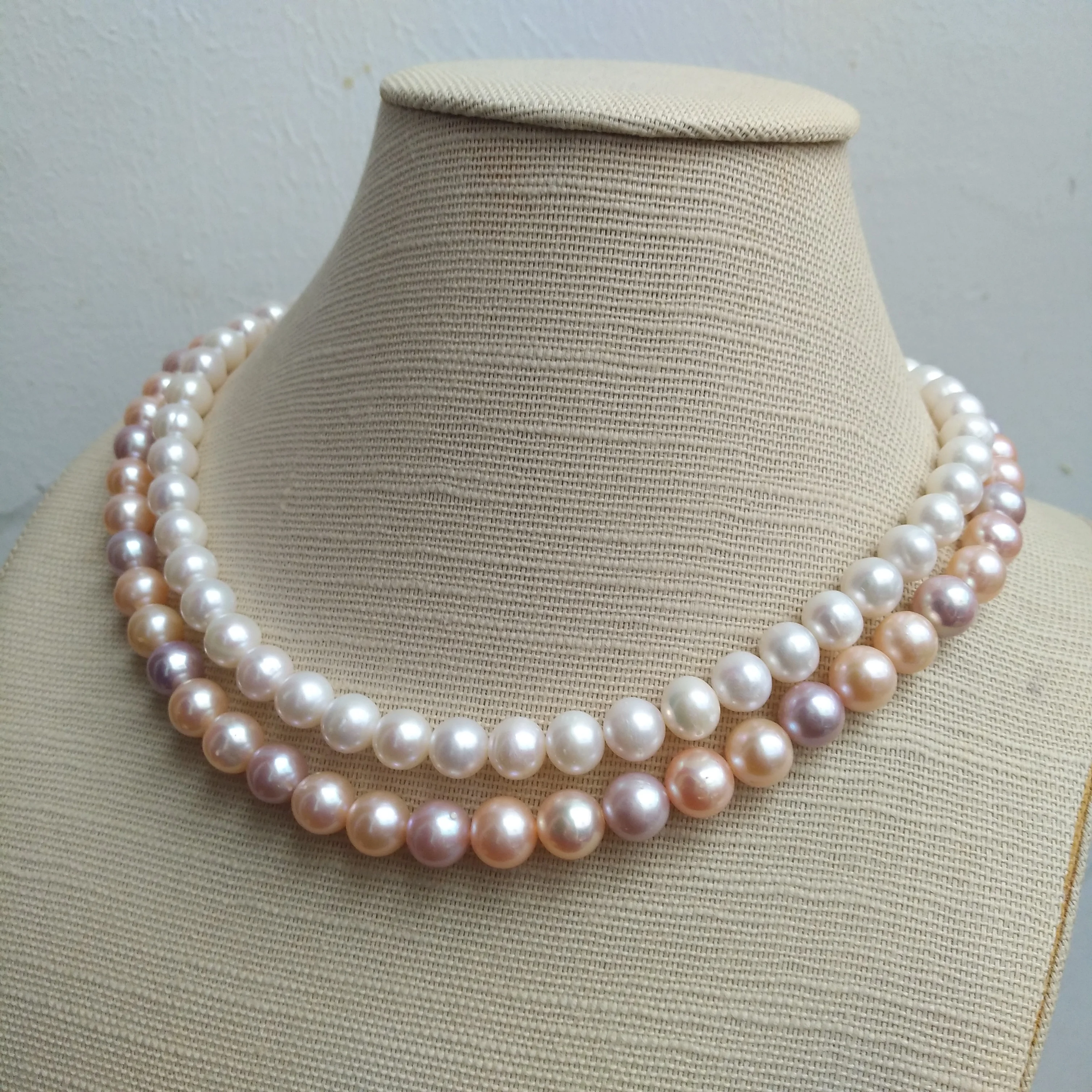 2ROW  8-9mm Round South Sea WHITE Pink PARPLE Pearl Necklace 17-18