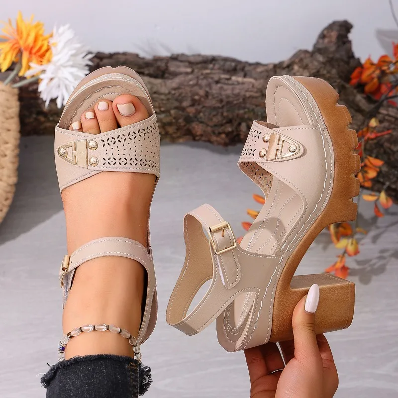 

Summer New Plus Size 43 Women'S Sandals Woman Solid Color High Heel Shoes Thick Heel Open Toe Female Sandals Fashion Sandals