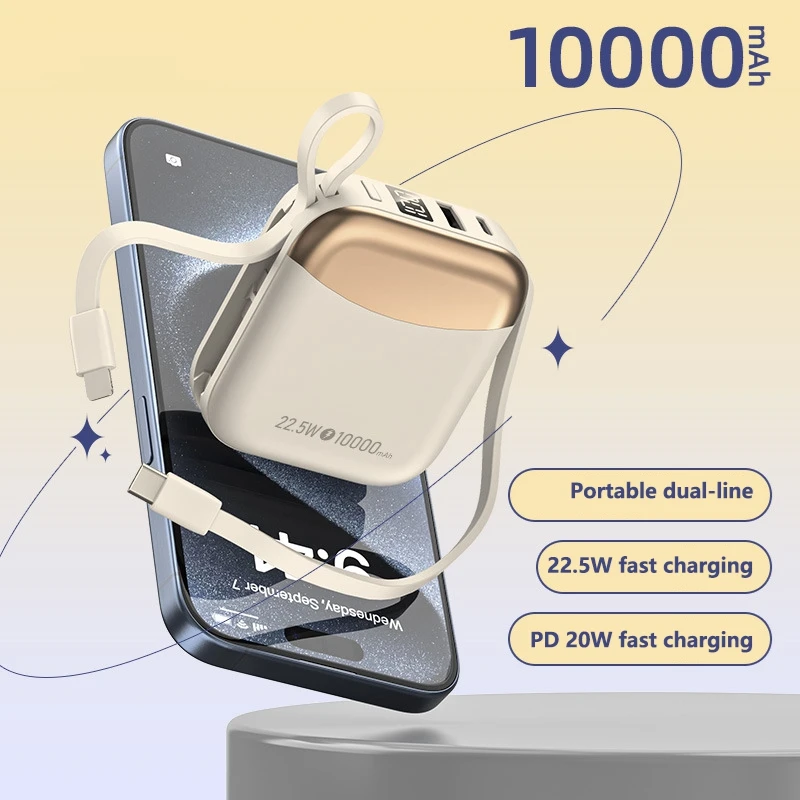 

10000mAh Power Bank With Large Capacity Ultra-Thin Compact Portable Come Built-In Fast Charging Power Bank And Built-In Cable