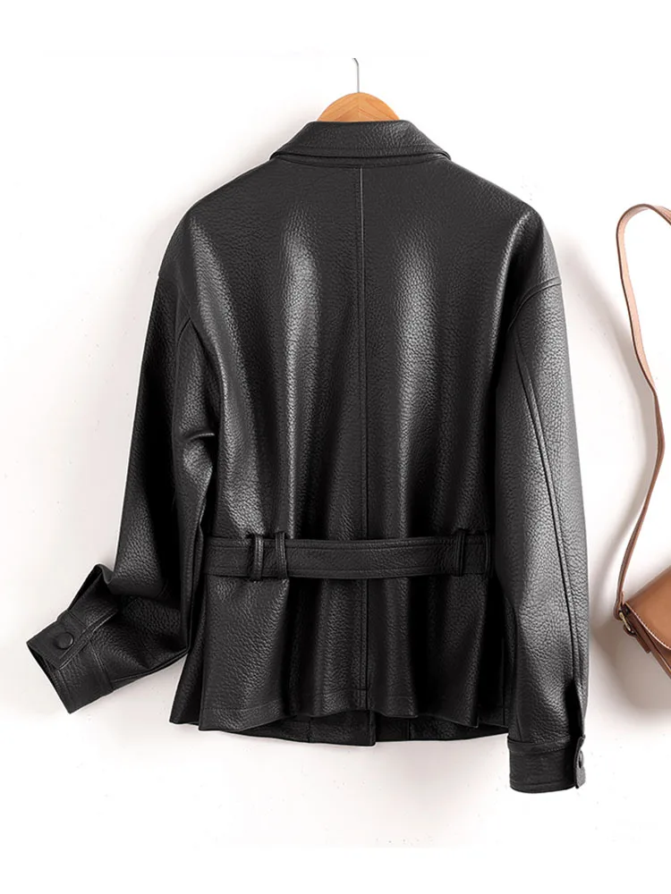 Frauen Kleidung Elegante Weibliche Leder Mantel Revers Gürtel Jacken Streetwear Schwarz Büro Dame 2025