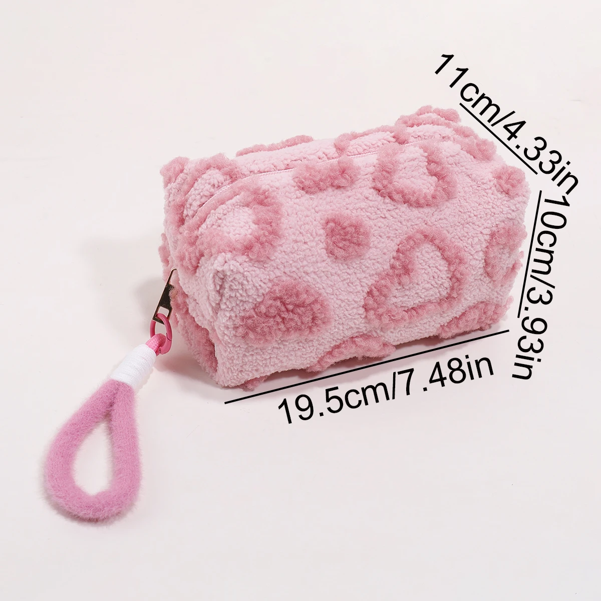 Cute Plush Pencil Case Soft Fluffy Heart Pattern Zipper Pen Bag With Wristlet For Teens Students School Travel Makeup Storage