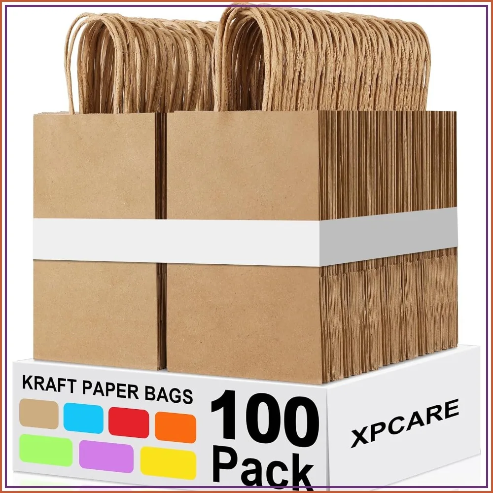 

100Pcs Kraft Paper Gift Bags with Handles 5.25x3.25x8.25'' for Small Business, Party, Retail