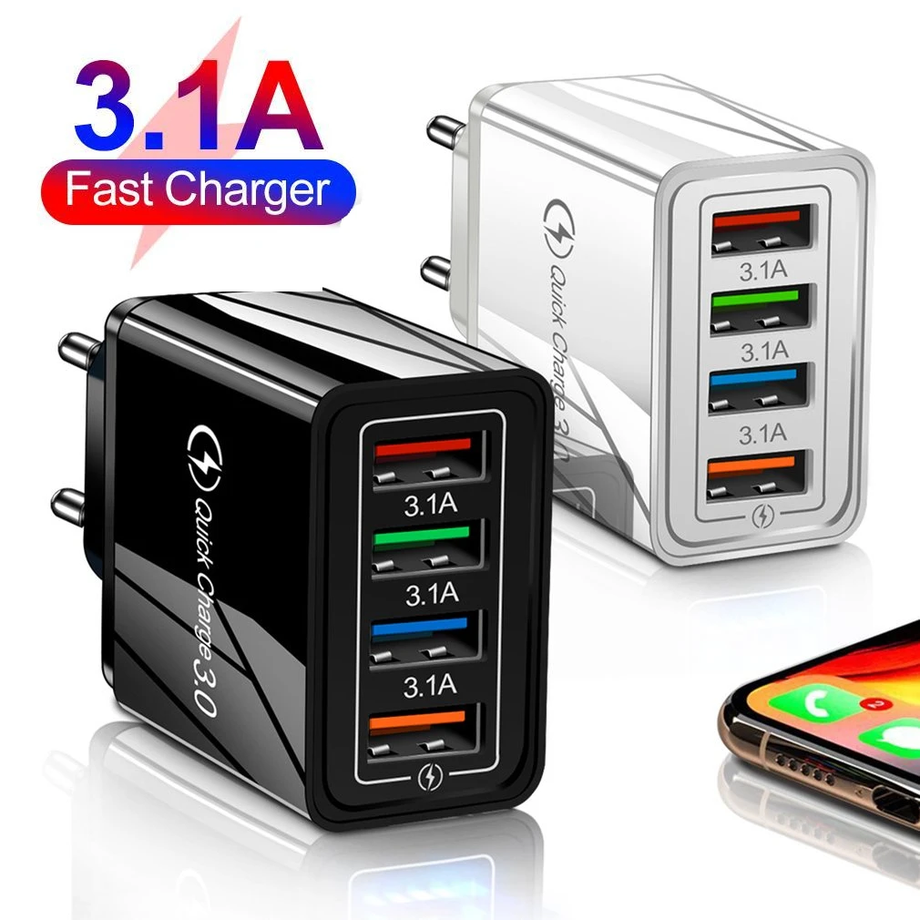 3.1A 4 Ports USB Travel Charger Fast Charge QC 3.0 Wall Charging For iPhone 14 13 12 Samsung Xiaomi Mobile Plug Charging Adapter