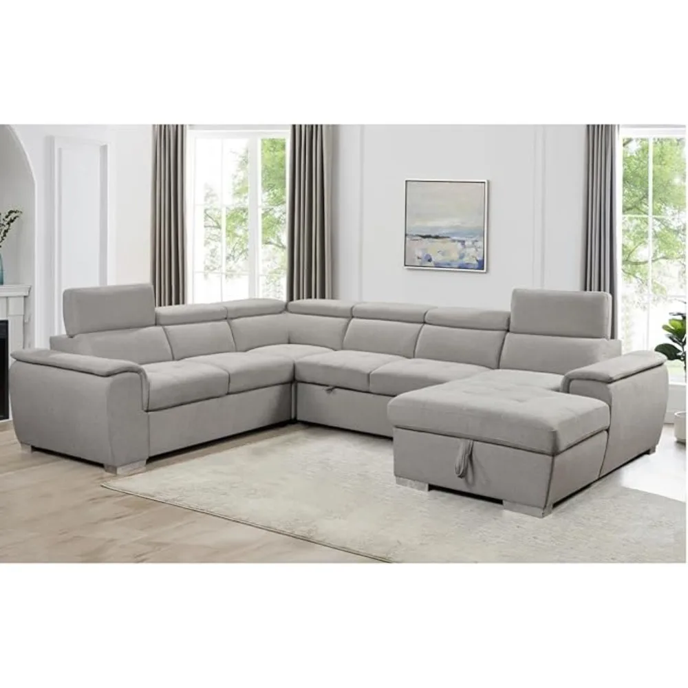 125 inch U-shaped sectional sleeper sofa, storage lounge chair and adjustable headrest, living room U-shaped sectional sofa