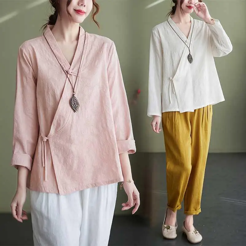 

Cotton Linen Zen Style Sewn Collar Shirt Women's Casual Long Sleeve Fashionable Comfortable Breathable Autumn Collection