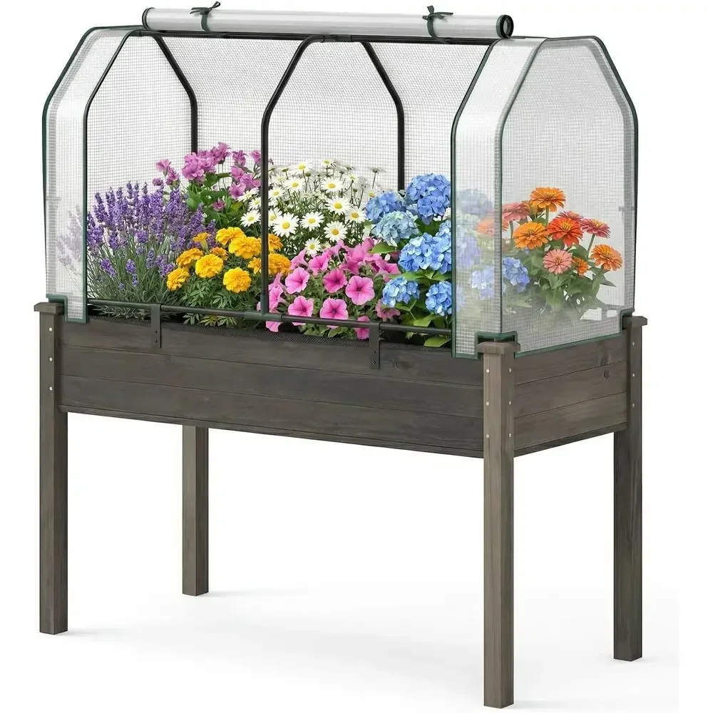 Elevated Garden Bed with Mini Greenhouse, Dual Zipper Door, 48x22x54 Planter for Patio and Garden, Simple Assembly (Gray & White