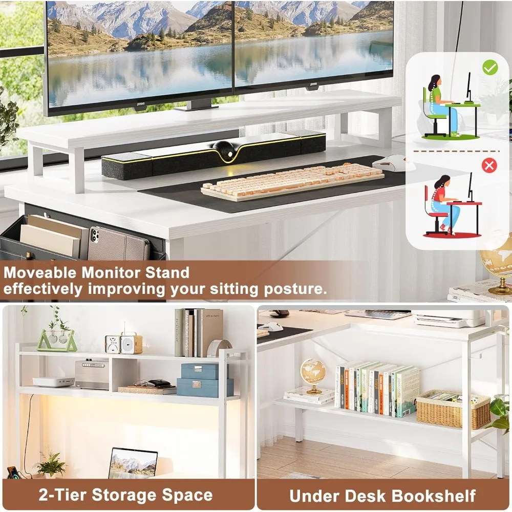 Aheaplus L字型ゲーミングデスク、電源コンセントとLEDライト付き、小型L字型デスク、コンピューターコーナーデスク、モニタースタンドとスタンド付き