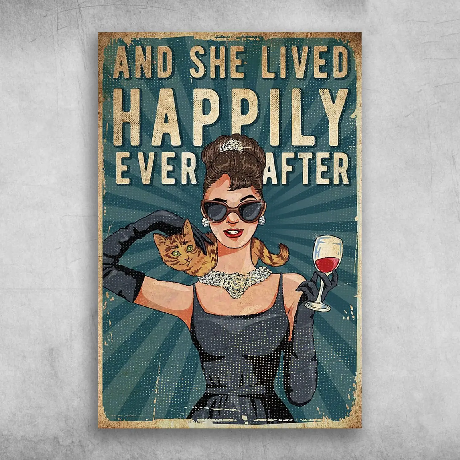 and She Lived Happily Ever After – Girl Love Wine Cat for Street Garage Family Cafe Bar Farm Country Bathroom Wall Decoration Cu