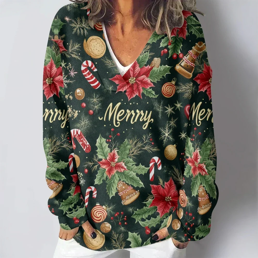 

Ugly Sweatshirts Christmas Bell Gift V-neck Casual New Women Winter Classic Harajuku Elegent Pullovers Long Sleeve Loose Outfits