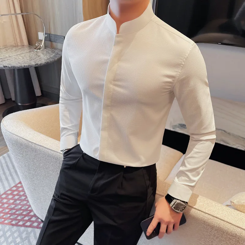 

Size 4XL-M Men Spring Autumn Fashion Stand Collar Solid Shirts Men Korean Long Sleeve Business SlimFit Casual Social Dress Shirt