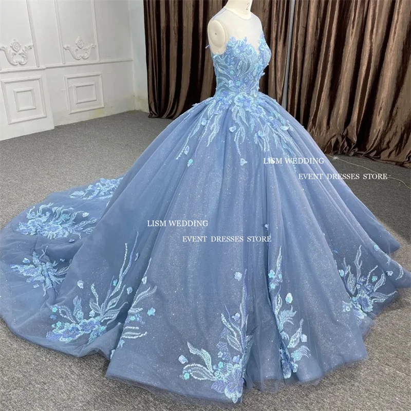 LISM Gorgeous Glitter Lace Applique 15 Quinceanera Dresses 2025 Sequin O-Neck Corset Back Ball Gown Birthday Party Dress Custom