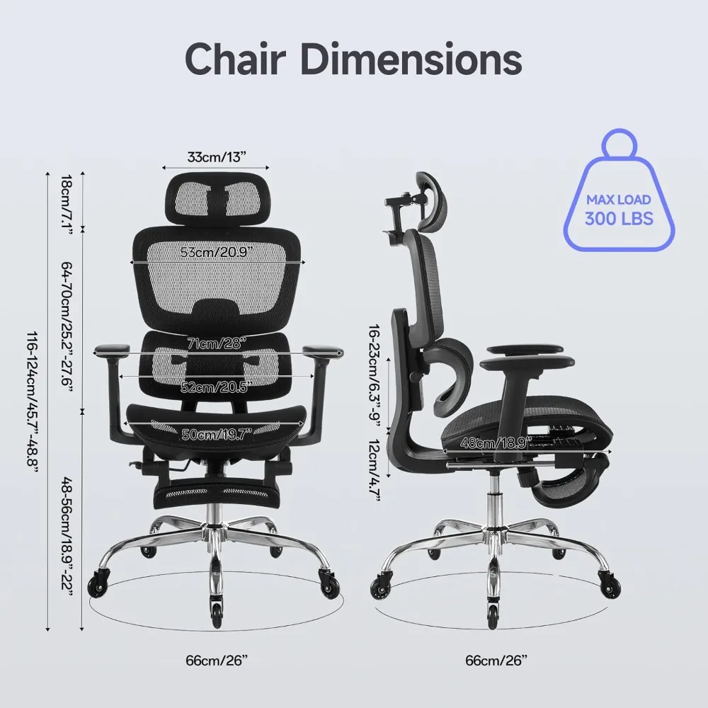 Ergonomic Office Chair with Neck Support and Footrest, Adjustable Backrest Computer Chair with 3D Armrests and Rubber Wheels