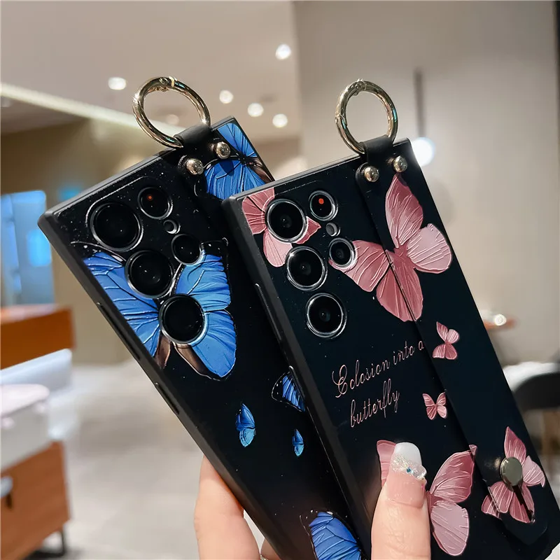 for Xiaomi Mi 13 12 11 Lite 10 9 11T 12T Poco X5 Pro X3 M3 M5 F3 Case Luxury Emboss Butterfly Flower Wristband Phone Holder Case