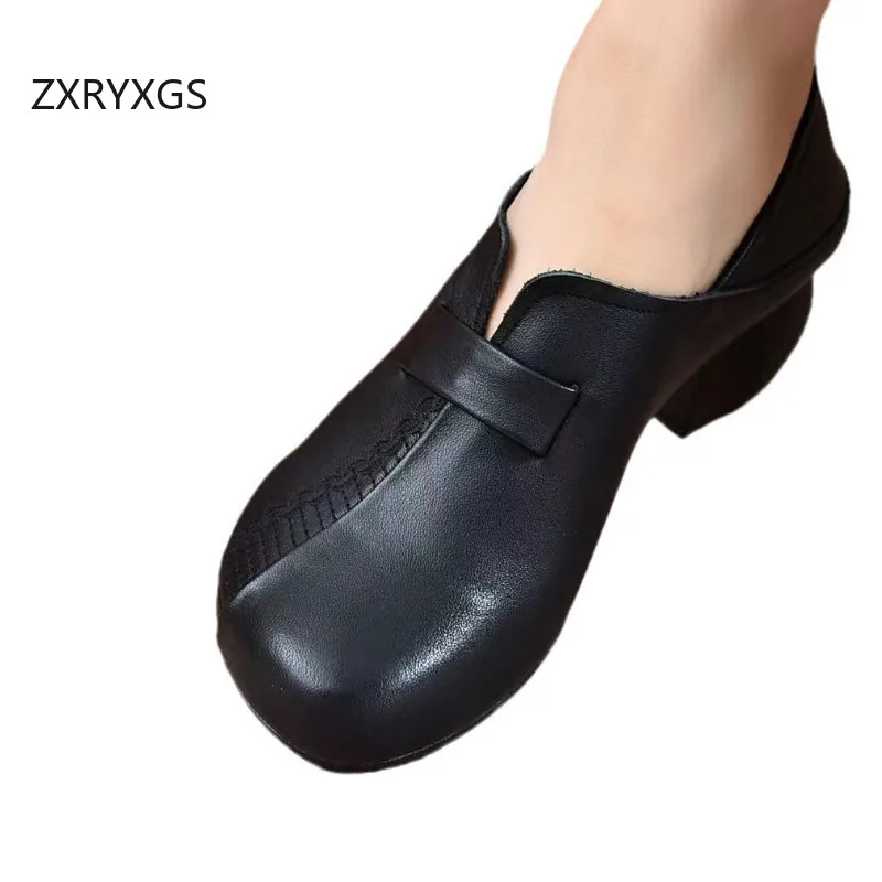 ZXRYXGS New Fashion Top Layer Cowhide Women Real Leather Shoes 2024 Elegance Comfortable Soft Sole Non-slip Thick Mid Heels Tide