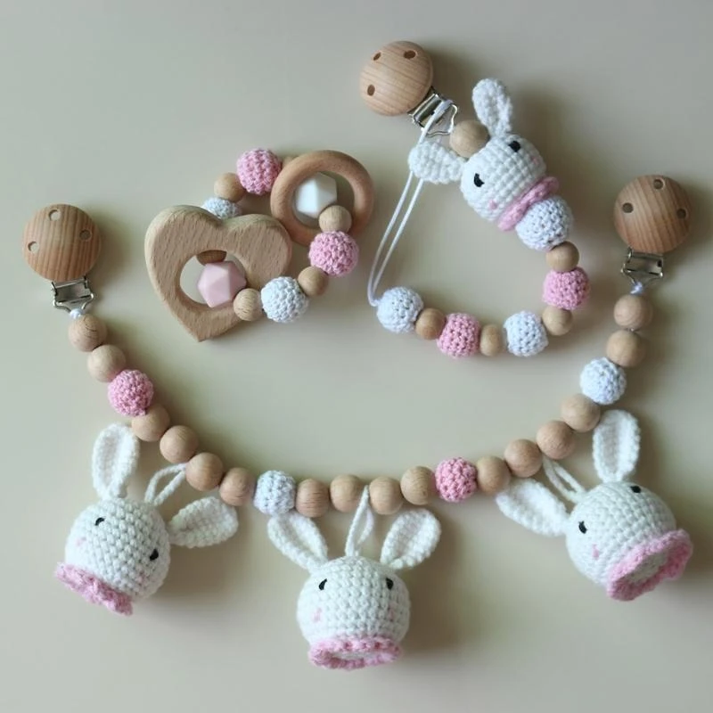 

J15U Baby Pram Stroller Hanging Pendant Rattle Pacifier Chain Clip Infants Wooden Teether Bracelet Nursing Chewing Shower