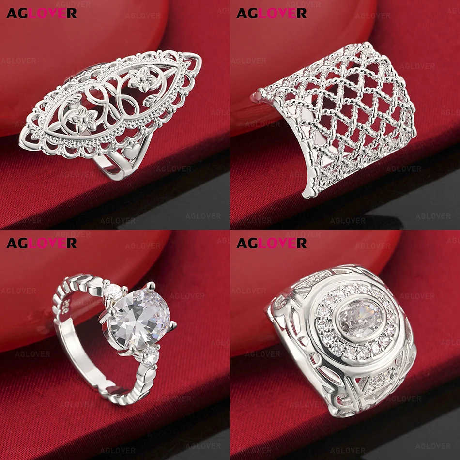 

AGLOVER 925 Sterling Silver Geometric Hollow Ring Charming Versatile Woman Engagement Jewelry