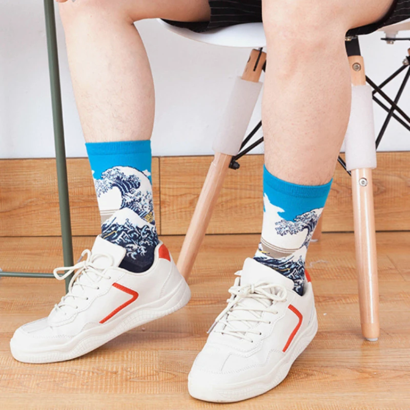 Chaussettes à tube moyen en coton pour hommes et femmes, peinture à l'huile, tendance européenne et américaine, automne et hiver