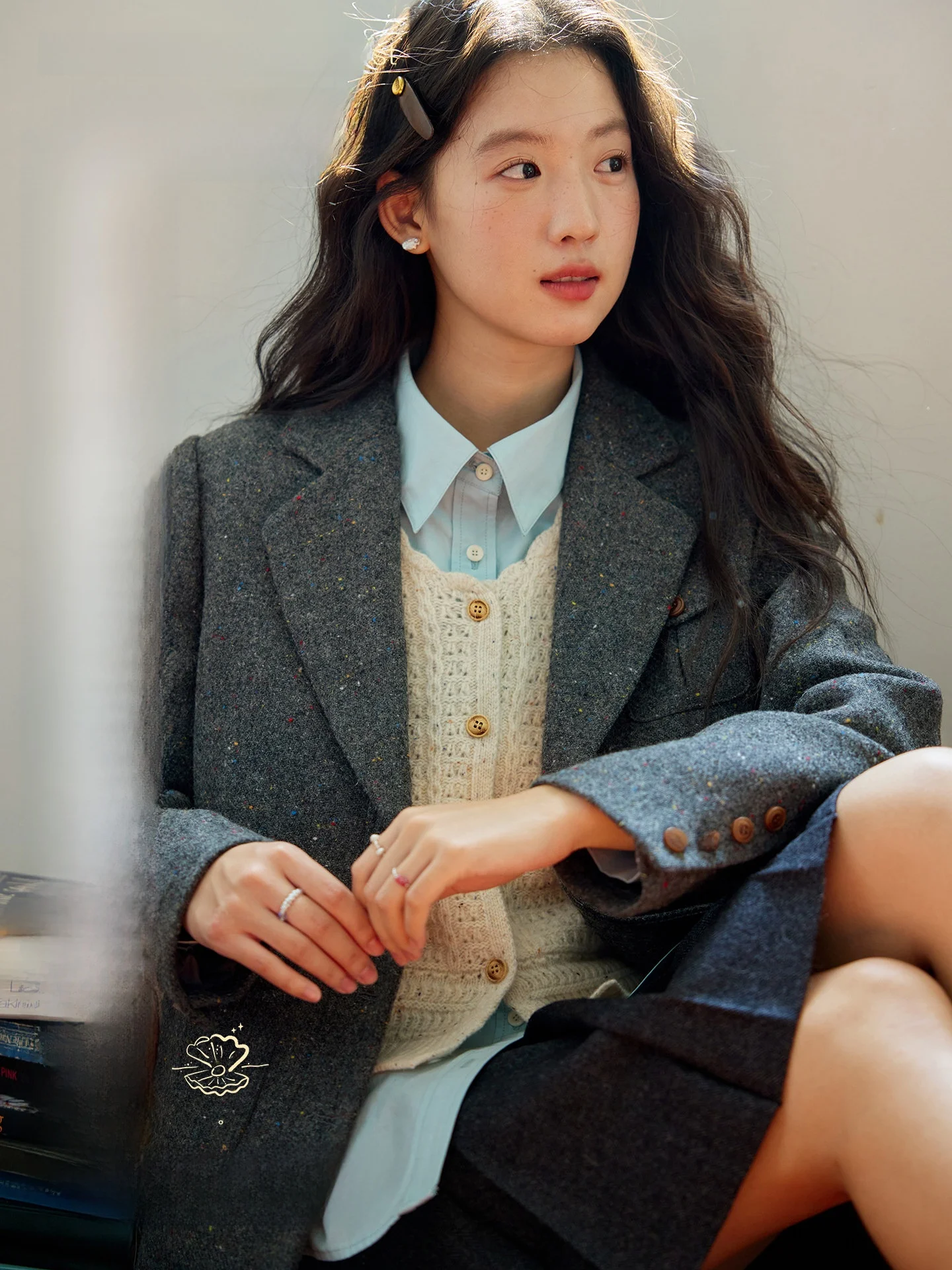 

Nov Et Autumn Winter Women's Loose Woolen Suit Jaet Retro Sle Long Sve Flip Collar Mixed Color Dot Casual Outerwear