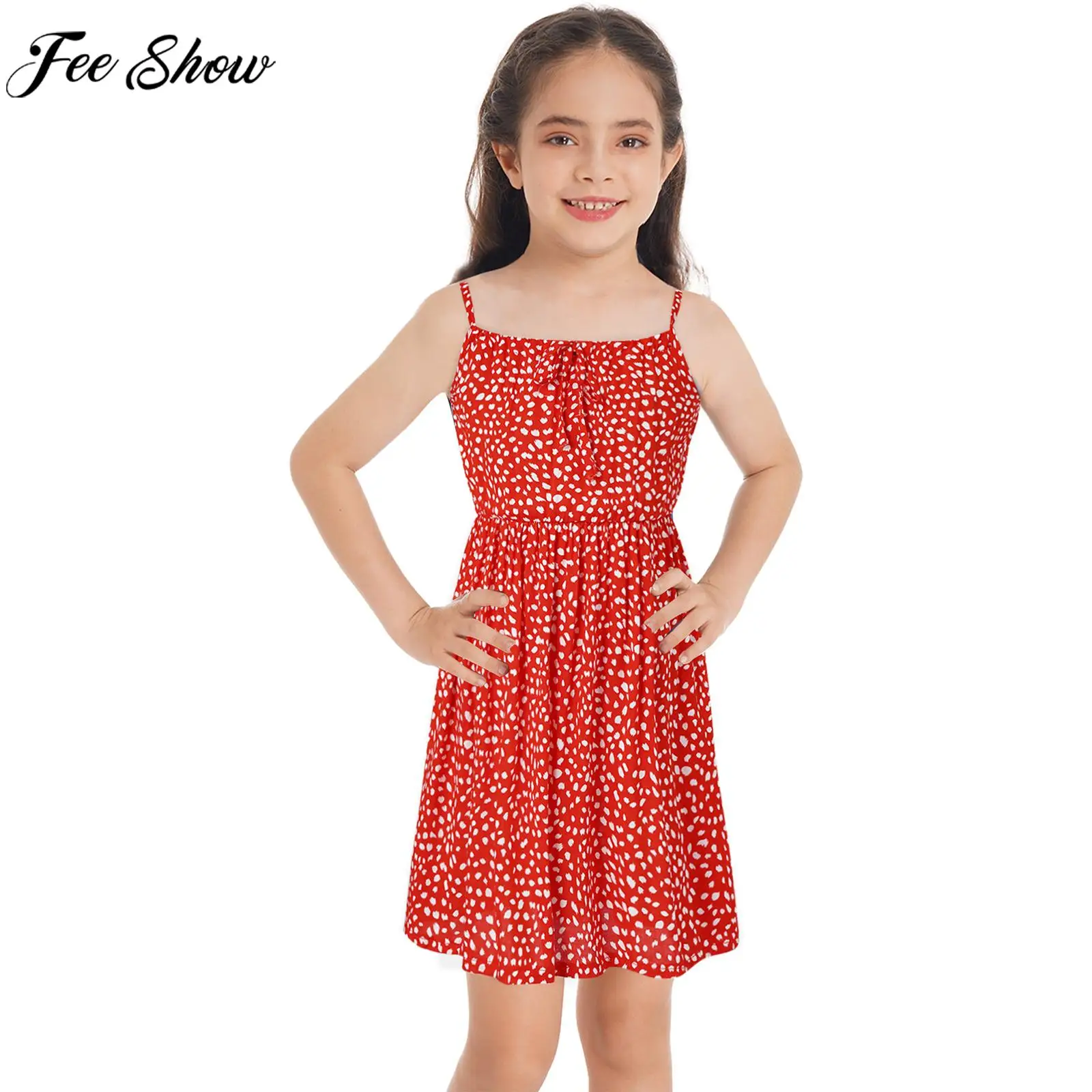 Kids Girls Summer Casual Boho Floral Print Slip Dress Adjustable Strap Elastic Waist A-Line Cami Sundress for Party School Daily