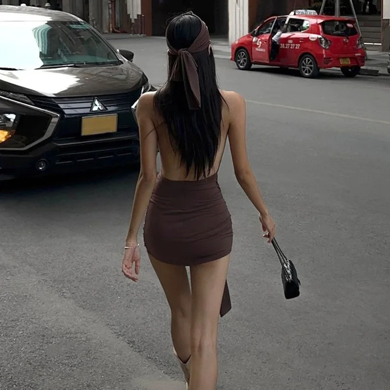 فستان قصير عتيق بني منخفض القطع بدون ظهر Y2K فساتين نسائية ذات ثنيات على شكل حرف a فساتين صيفية رائعة للفتيات #4