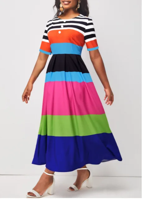 

Spring Summer For Women Temperament Long Dresses Buttons Pring Round Neck A-line Small Waist Casual Striped Dress Style 7081