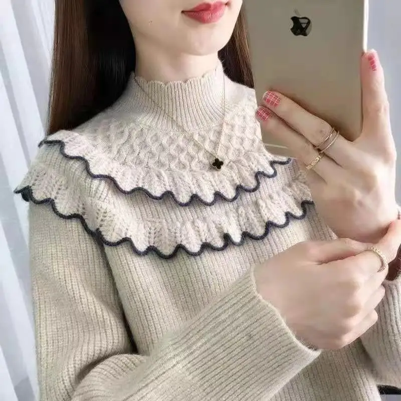 Autumn Winter Ruffles Elegant Fashion Solid Sweater Lady Korean Style Plus Velvet Wild Knitting Jumper Top Women Casual Pullover