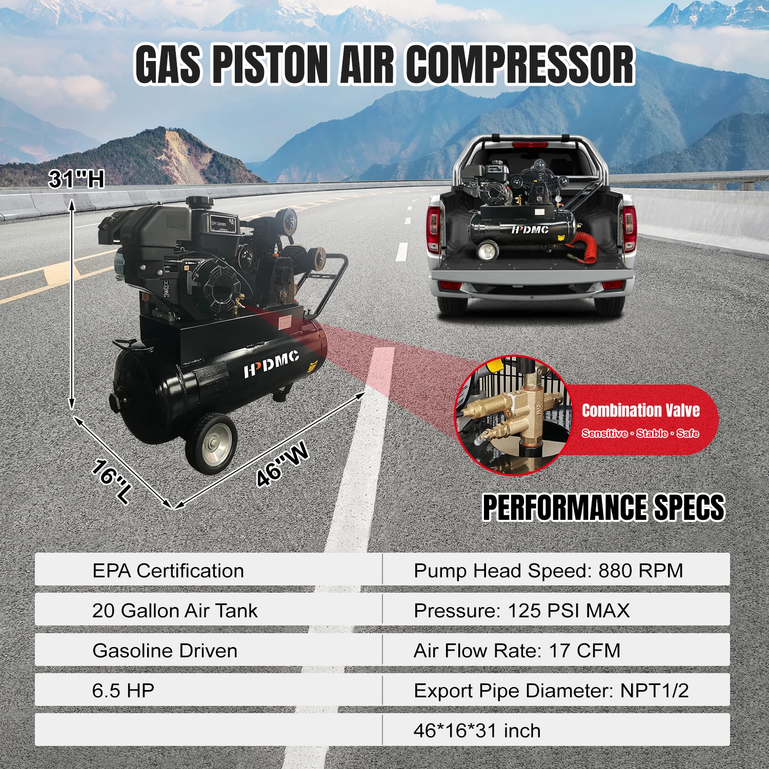 6.5HP Protable Heavy duty Compressor 20-Gallon Horizontal Portable Single-Stage 17cfm@125psi KOHLER Engine Industrial Gas Driven