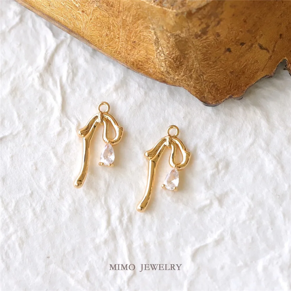 14K Gold Color Elegant Tassel Water Drop Zircon Bow Pendant DIY Necklace Bracelet Handmade Charm Accessories