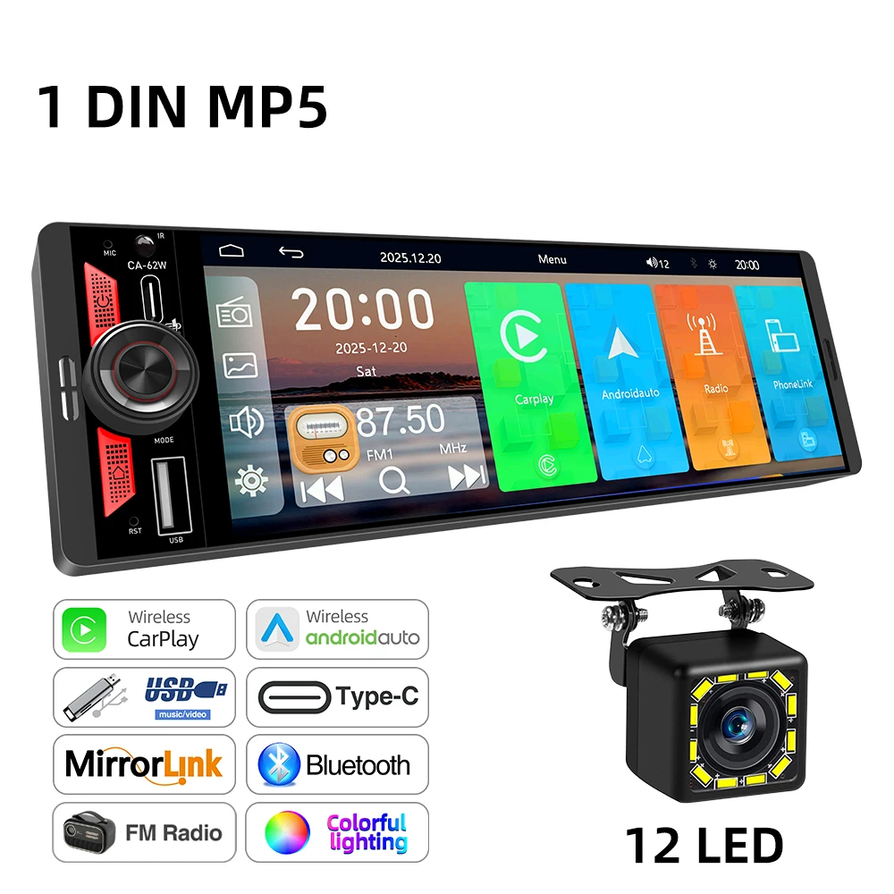 6,5 inch 1Din IPS scherm draadloze Carplay Android Auto Airplay autoradio MP5 speler stereo Bluetooth FM Type-C PD3.0 snelladen - afbeelding 1