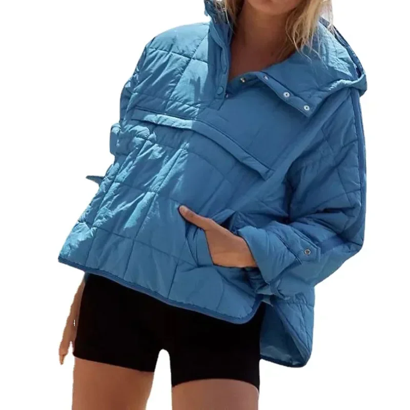 2024 Autumn and Winter Solid Color New Cotton Jacket Loose Long-sleeved Hooded Fashion Coat QWER678