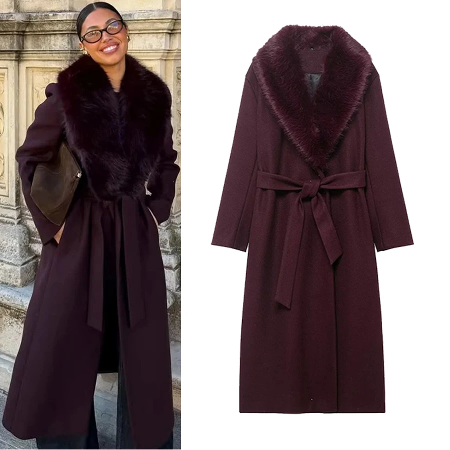 

Women Warm Fur Collar Long Coat Flip Collar Belt Decoration New Elegant Solid High Street Women's Wear