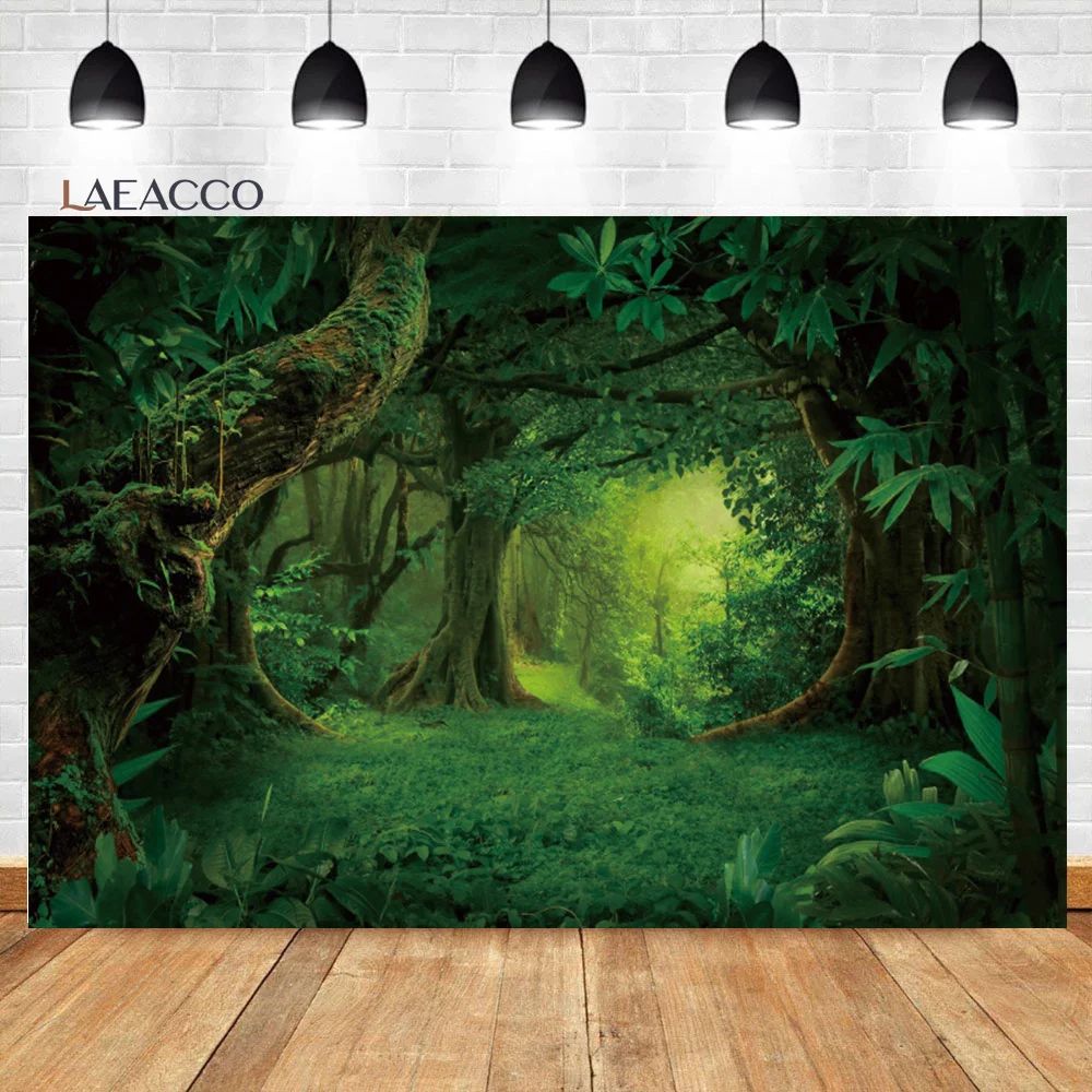 

Laeacco Green Forest Backdrop Mysterious Jungle Rainforest Natural Scenery Baby Shower Birthday Portrait Photography Background