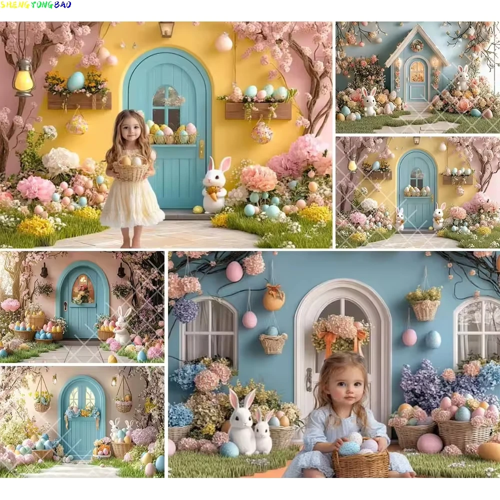 

Spring Garden Happy Easter Day Photography Backdrops Props Fence Rabbits Butterfly Eggs Flowers Photo Studio Background KL-01