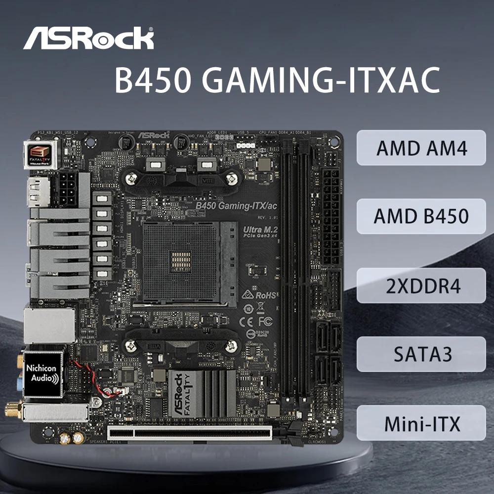 

ASRock B450 GAMING-ITX/AC Motherboard AMD AM4 Support 5950X 5800X3D 5700X 5600X 5600G 1700X 2700X CPU DDR4 M.2 HDMI Mini-ITX