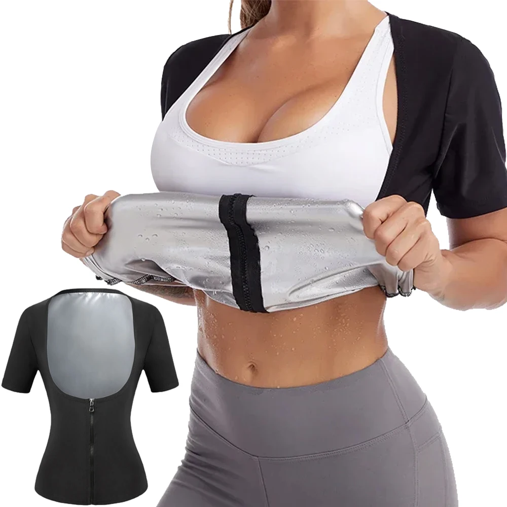 Gym-Sauna-Schwitzanzug für Damen mit Reißverschluss, Kurzarm-Bodyshaper, Fettverbrennungs-Korsett, Taillentrainer, Shapewear