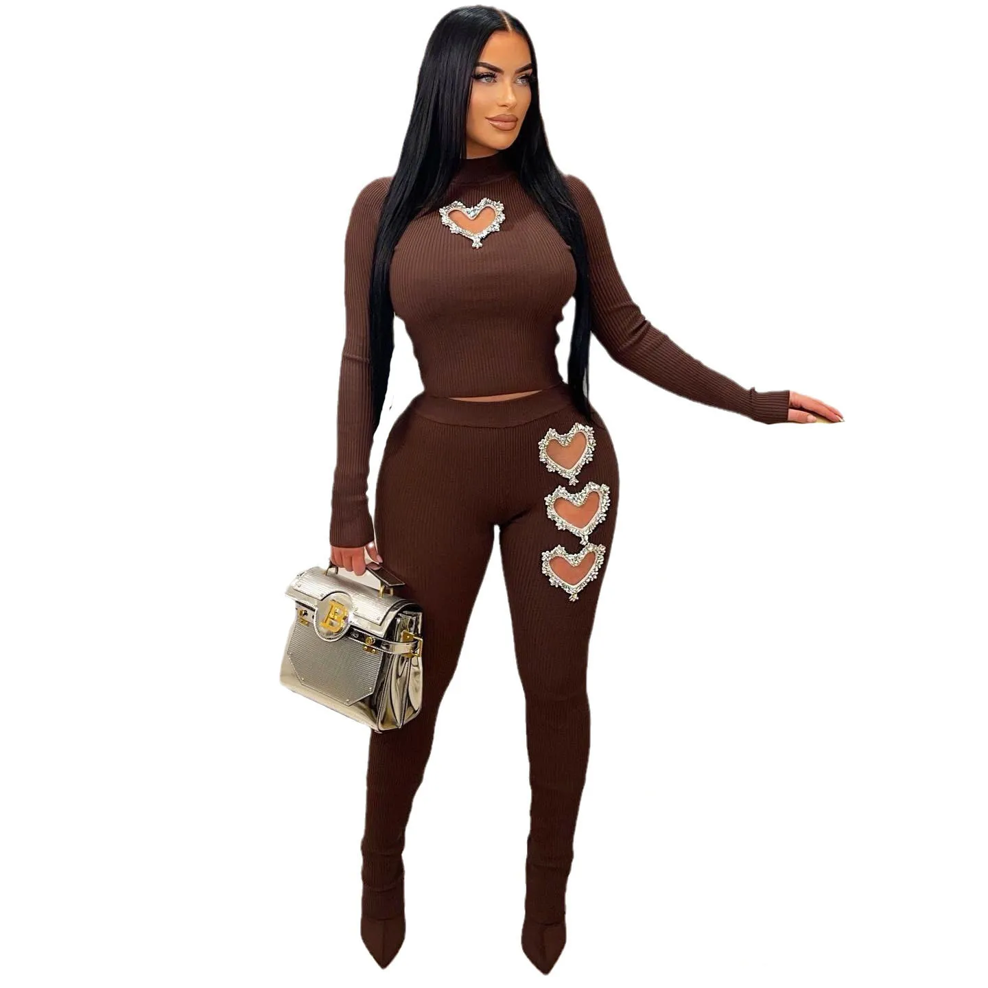 EINY Women's Long Sleeve Striped Diamond Hollow-Out Love Shape Bodycon Evening Prom Party Jumpsuit Elegant Two Piece Sets Y2K