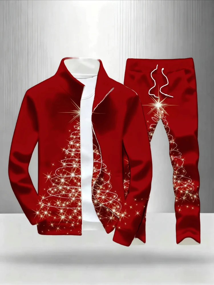 Glowing Christmas Tree Print Men Matching Tracksuit Zip Up Stand Collar Sweat Jacket Drawstring Waist Jogger Pant Holiday Party