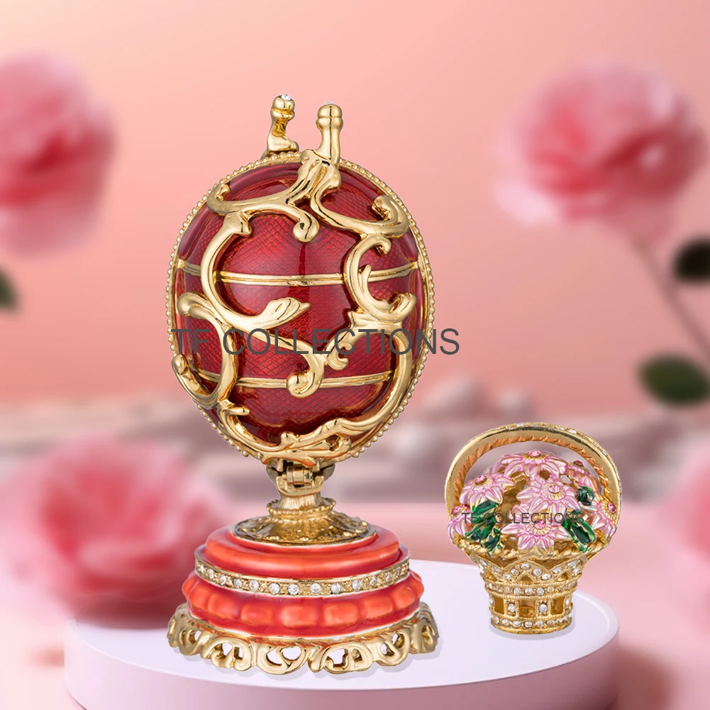 YAFFIL Hand Painted Faberge Egg Jewelry Box With Red Flower Basket Enamel Trinket Box Unique Gift For Family